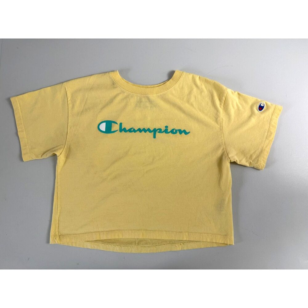 Champion Women's Oversized Cropped T Shirt Yellow Cotton Polyester Size XS